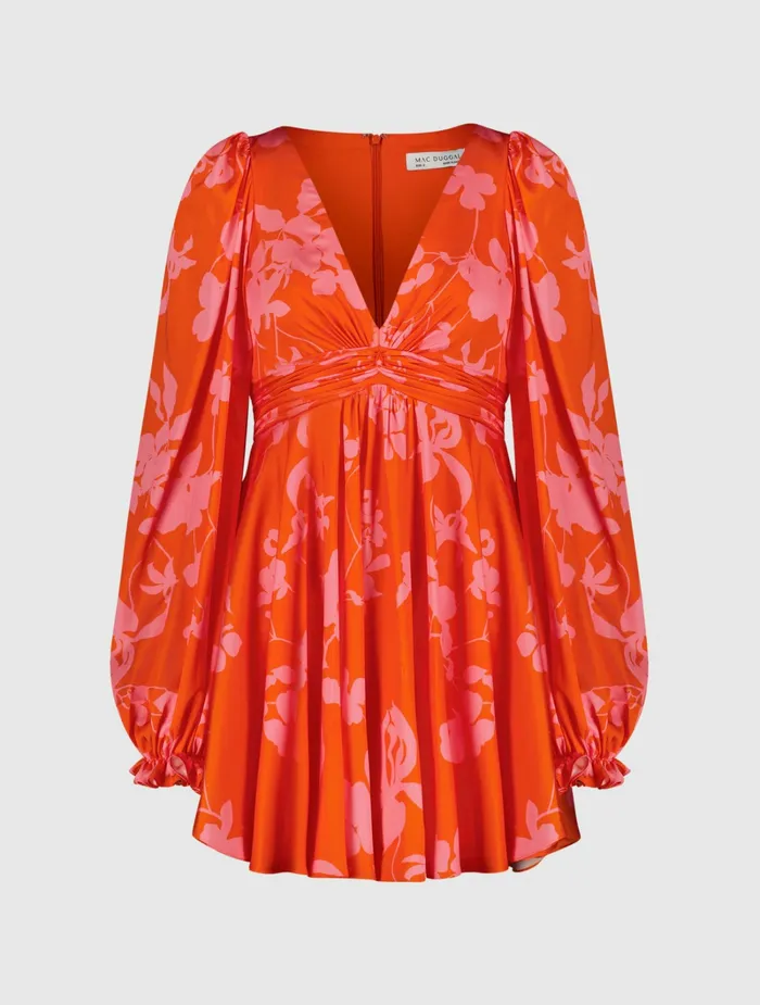 Every Day Dresses Printed Charmeuse Bishop Sleeve V Neck Mini Dress Sunset Multi Mac Duggal Women