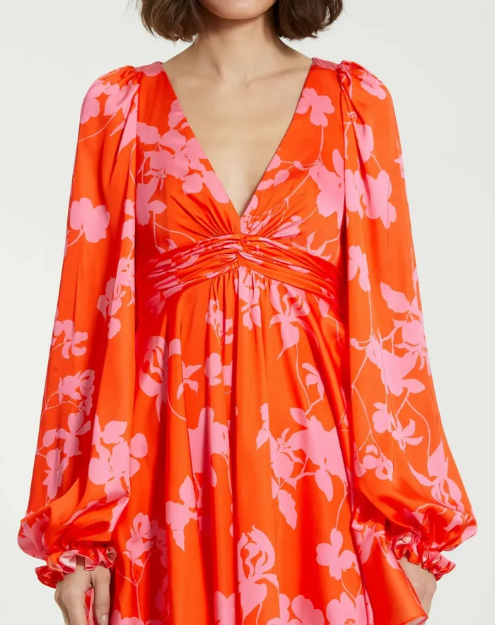 Every Day Dresses Printed Charmeuse Bishop Sleeve V Neck Mini Dress Sunset Multi Mac Duggal Women