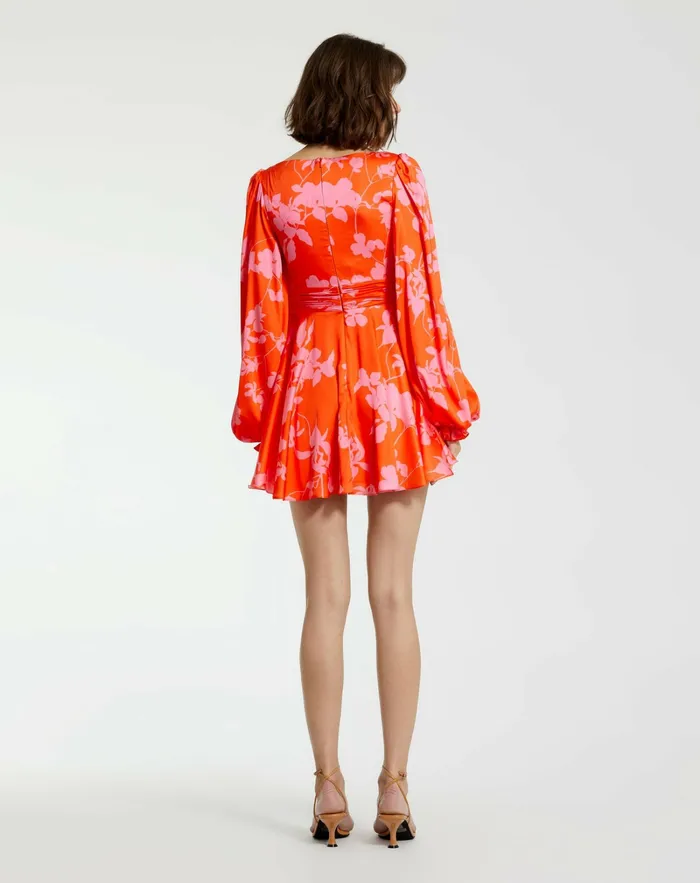 Every Day Dresses Printed Charmeuse Bishop Sleeve V Neck Mini Dress Sunset Multi Mac Duggal Women