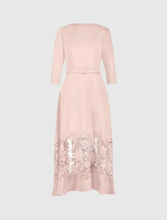 Every Day Dresses Women Mac Duggal Crepe Boat Neck Midi Dress With Applique Cut Out Blush