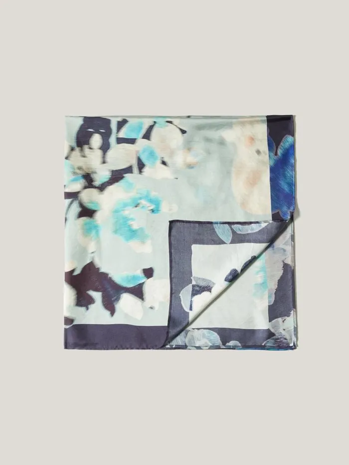 Floral Drift Silk Twill Scarf Blue Women Jigsaw Ponchos and Scarves