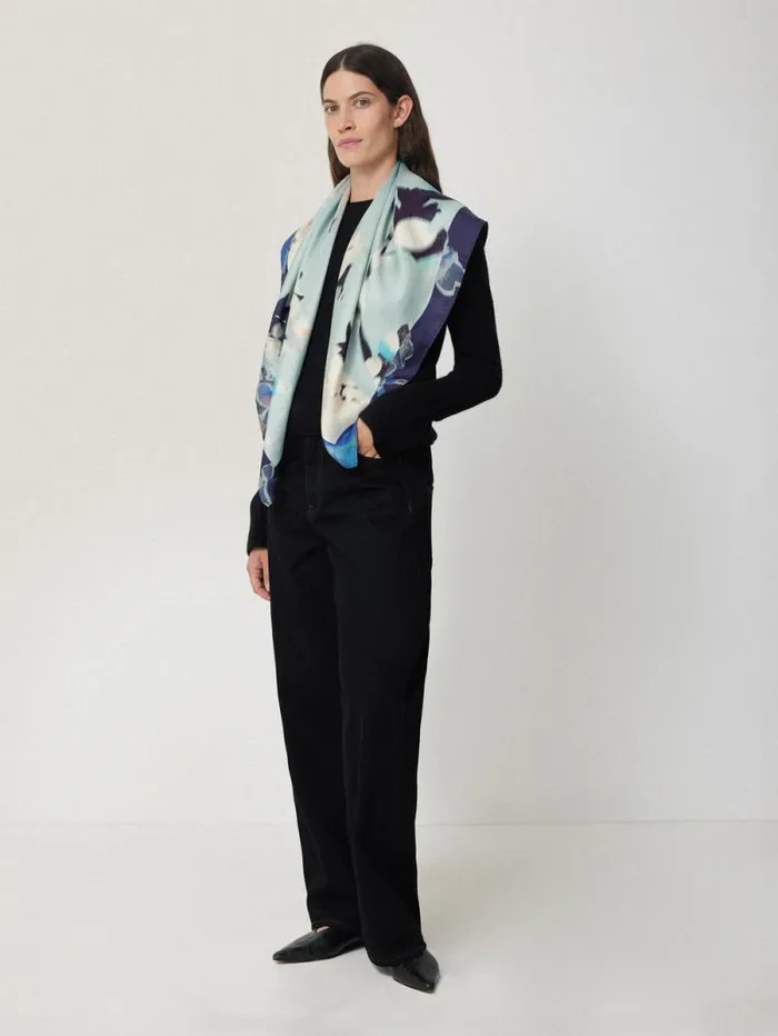 Floral Drift Silk Twill Scarf Blue Women Jigsaw Ponchos and Scarves