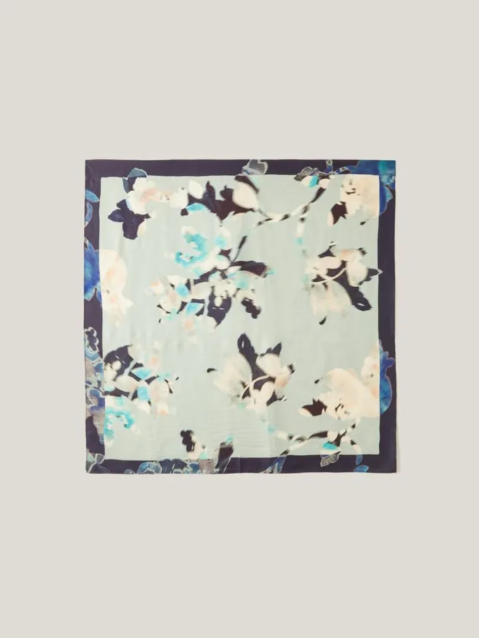 Floral Drift Silk Twill Scarf Blue Women Jigsaw Ponchos and Scarves