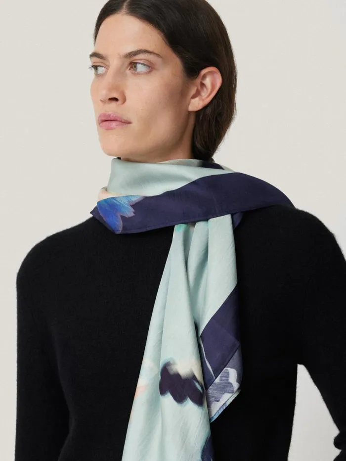 Floral Drift Silk Twill Scarf Blue Women Jigsaw Ponchos and Scarves
