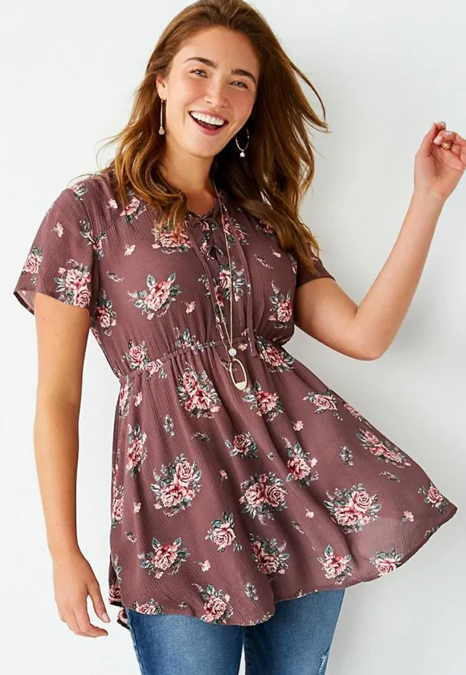 Floral Lace Up Tunic Top Women Maurices Tops