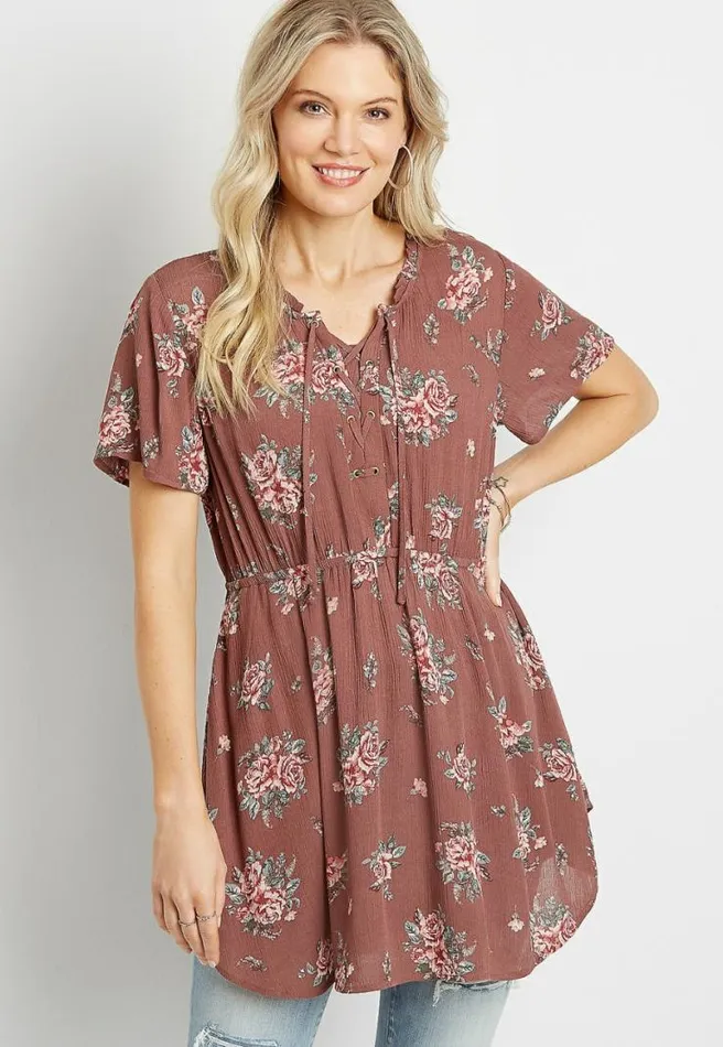 Floral Lace Up Tunic Top Women Maurices Tops