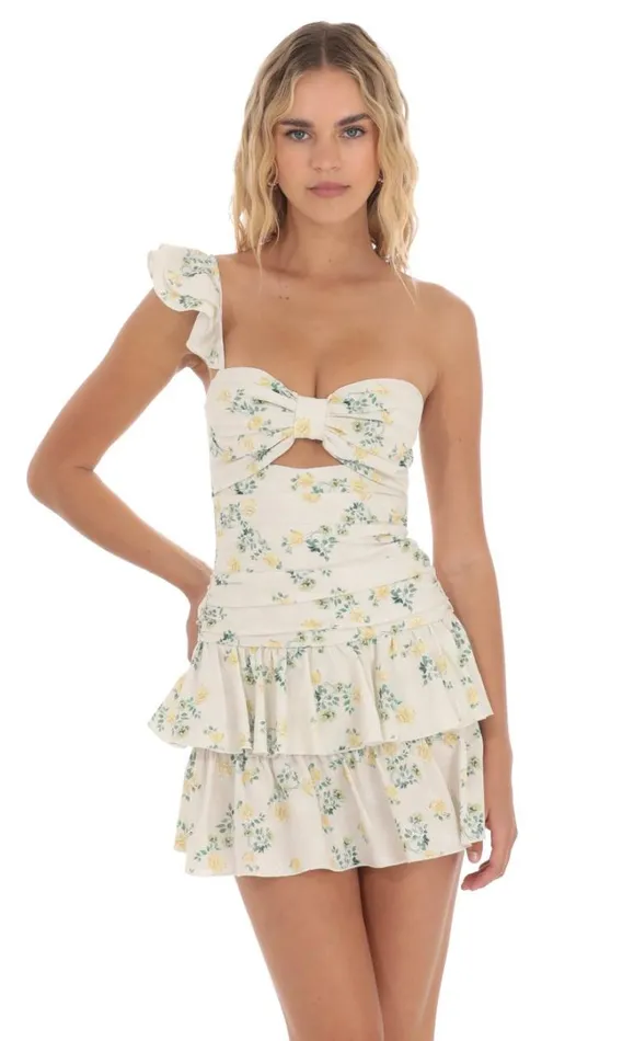 Floral One Shoulder Cutout Dress Off White Women LUCY IN THE SKY Mini Dresses