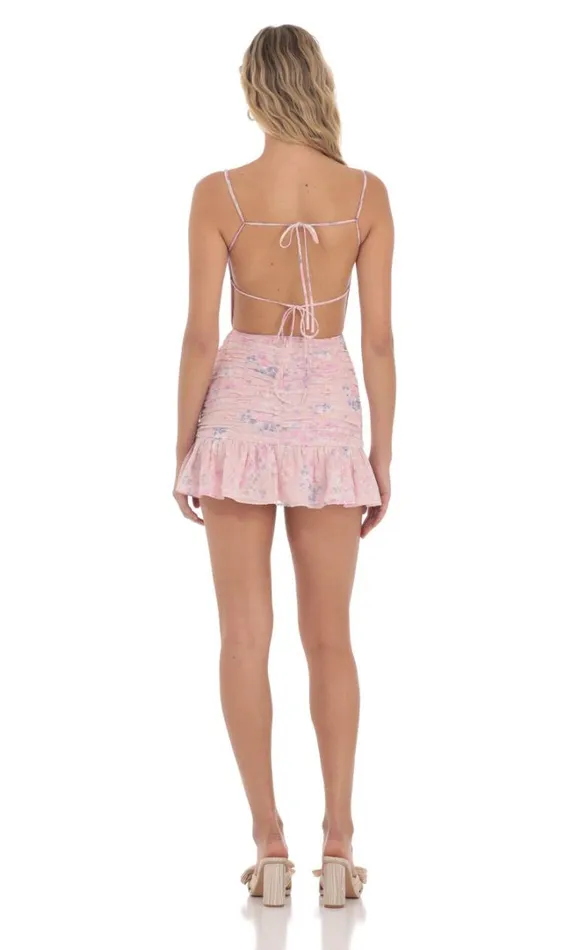 Floral Open Back Ruched Ruffle Dress Pink Women LUCY IN THE SKY Mini Dresses Floral Open Back Ruched Ruffle Dress Pink Women LUCY IN THE SKY Mini Dresses