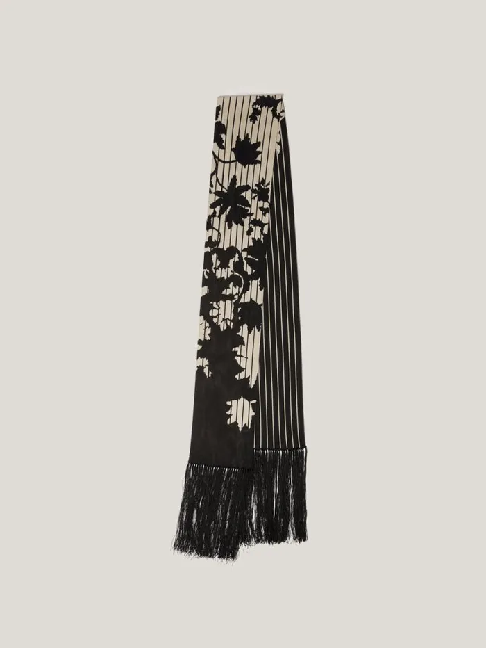 Floral Pinstripe Fringed Scarf Monochrome Women Jigsaw Ponchos and Scarves