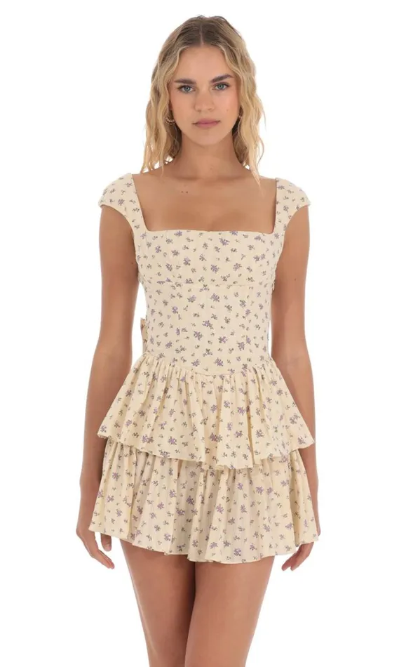 Floral Ruffle Capped Sleeve Dress Yellow Women LUCY IN THE SKY Mini Dresses