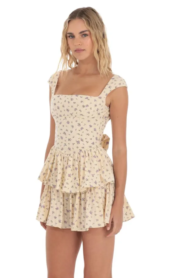 Floral Ruffle Capped Sleeve Dress Yellow Women LUCY IN THE SKY Mini Dresses Floral Ruffle Capped Sleeve Dress Yellow Women LUCY IN THE SKY Mini Dresses