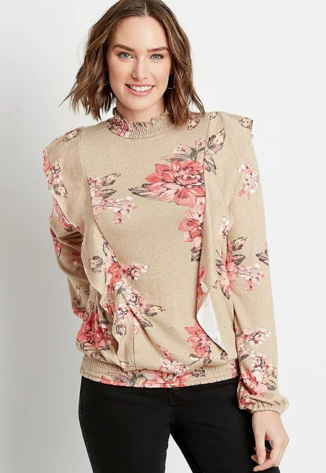 Floral Ruffle Mock Neck Smocked Bottom Top Women Maurices Tops
