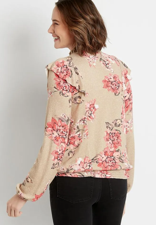 Floral Ruffle Mock Neck Smocked Bottom Top Women Maurices Tops