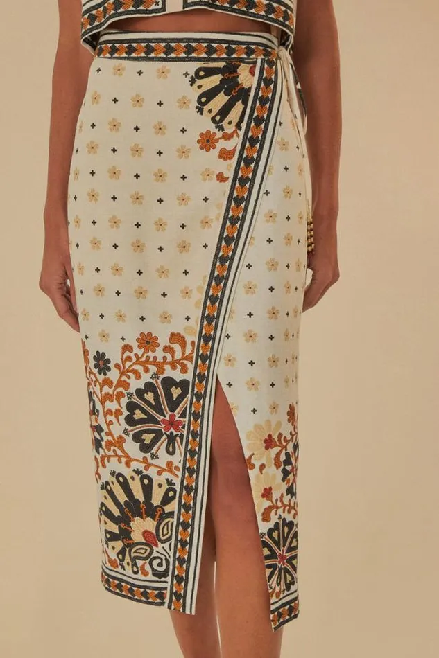 Flower Fan Tapestry OffWhite Wrap Midi Skirt Women FARM Rio Skirts