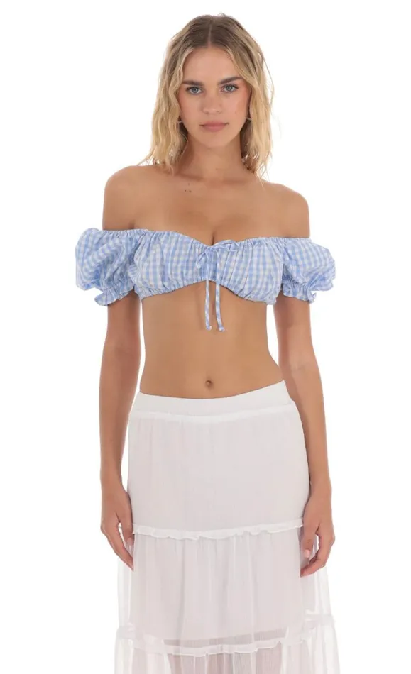 Gingham Off Shoulder Top Blue Women LUCY IN THE SKY Tops