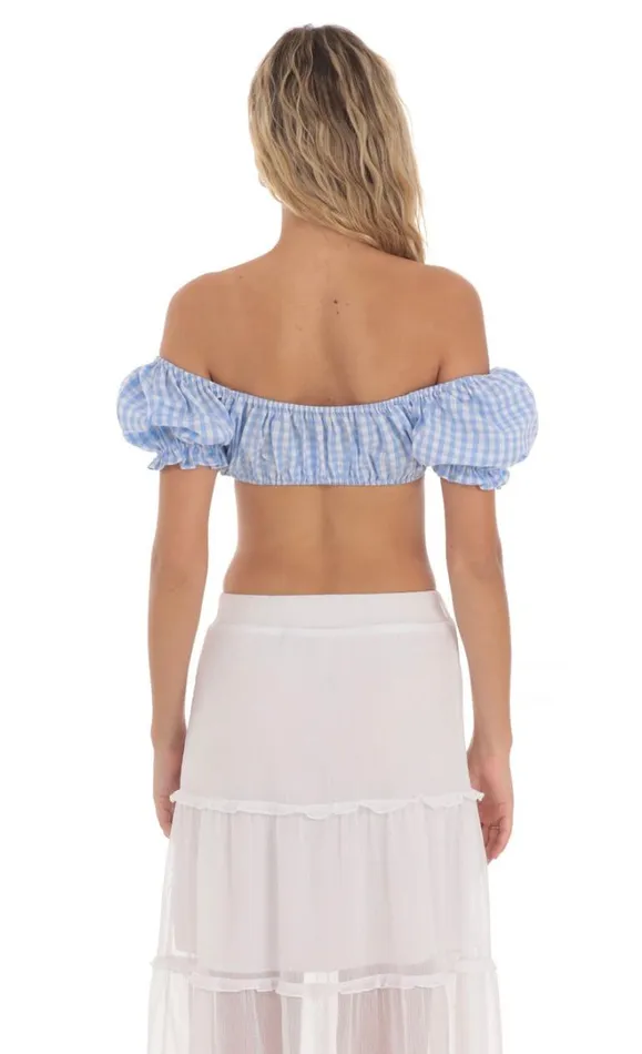 Gingham Off Shoulder Top Blue Women LUCY IN THE SKY Tops Gingham Off Shoulder Top Blue Women LUCY IN THE SKY Tops