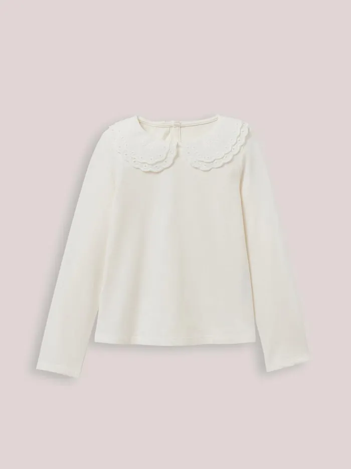 Girls Clothing Cyrillus TShirt With Double Embroidered Collar 8211 Organic Cotton Blanc Doux
