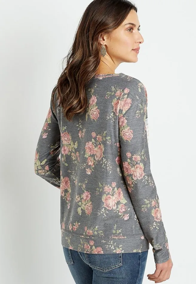 Gray Floral Stripe Sweatshirt Women Maurices Tops