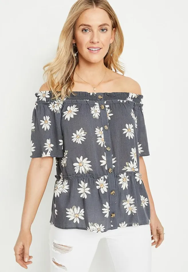 Grey Daisy Off The Shoulder Button Front Top Women Maurices Tops