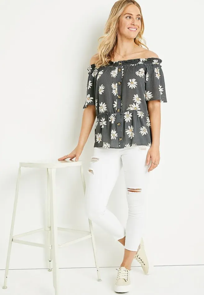 Grey Daisy Off The Shoulder Button Front Top Women Maurices Tops