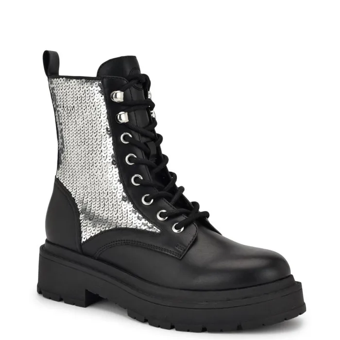 Hediy Combat Booties Blacksilver Sequin Women Nine West Boots and Booties Hediy Combat Booties Blacksilver Sequin Women Nine West Boots and Booties