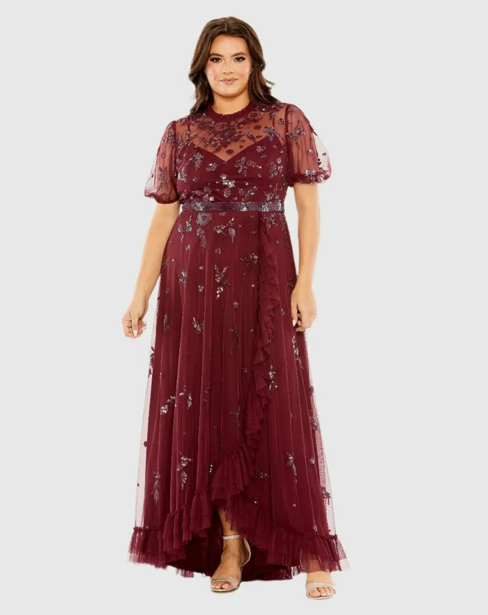 High Neck Puff Short Sleeve Embellished Faux Wrap Gown Bordeaux Women Plus Size Dresses Mac Duggal