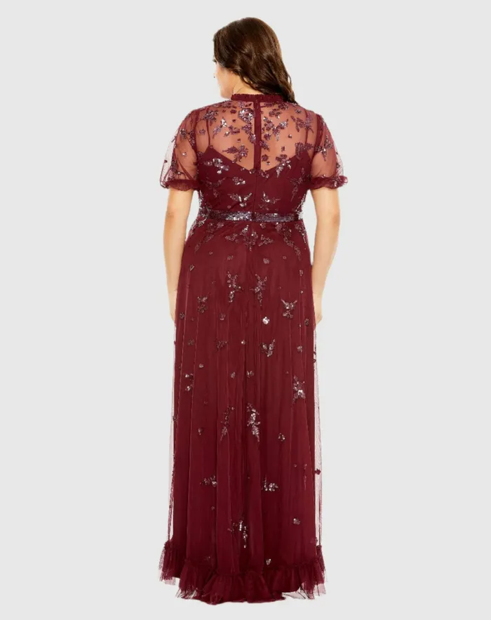 High Neck Puff Short Sleeve Embellished Faux Wrap Gown Bordeaux Women Plus Size Dresses Mac Duggal
