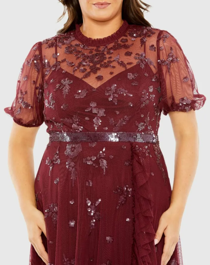 High Neck Puff Short Sleeve Embellished Faux Wrap Gown Bordeaux Women Plus Size Dresses Mac Duggal