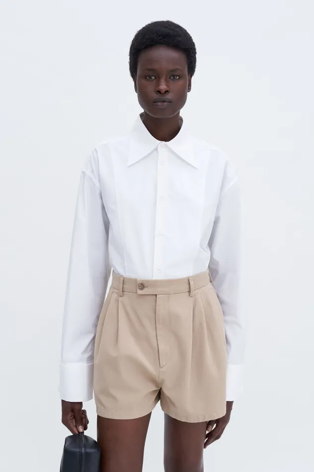High Waist Pleated Cotton Shorts Canvas Beige Women Trousers filippak