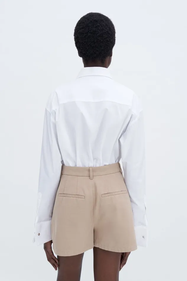 High Waist Pleated Cotton Shorts Canvas Beige Women Trousers filippak