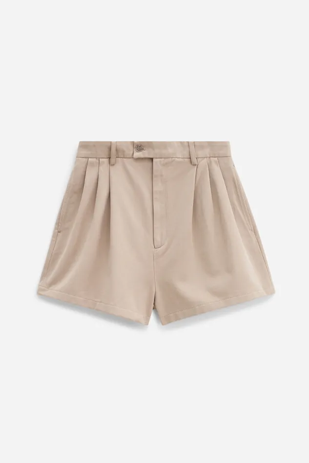High Waist Pleated Cotton Shorts Canvas Beige Women Trousers filippak