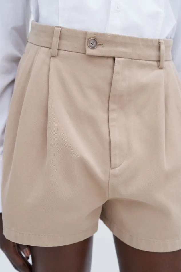 High Waist Pleated Cotton Shorts Canvas Beige Women Trousers filippak