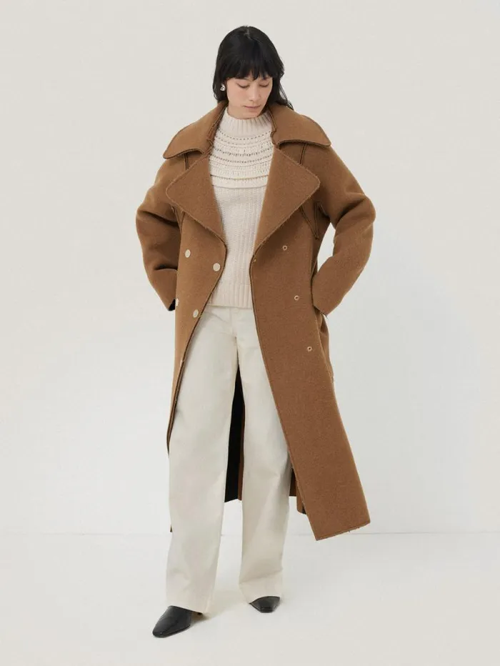 Italian Wool Raw Edge Coat Camel Women Jigsaw Coats and Jackets