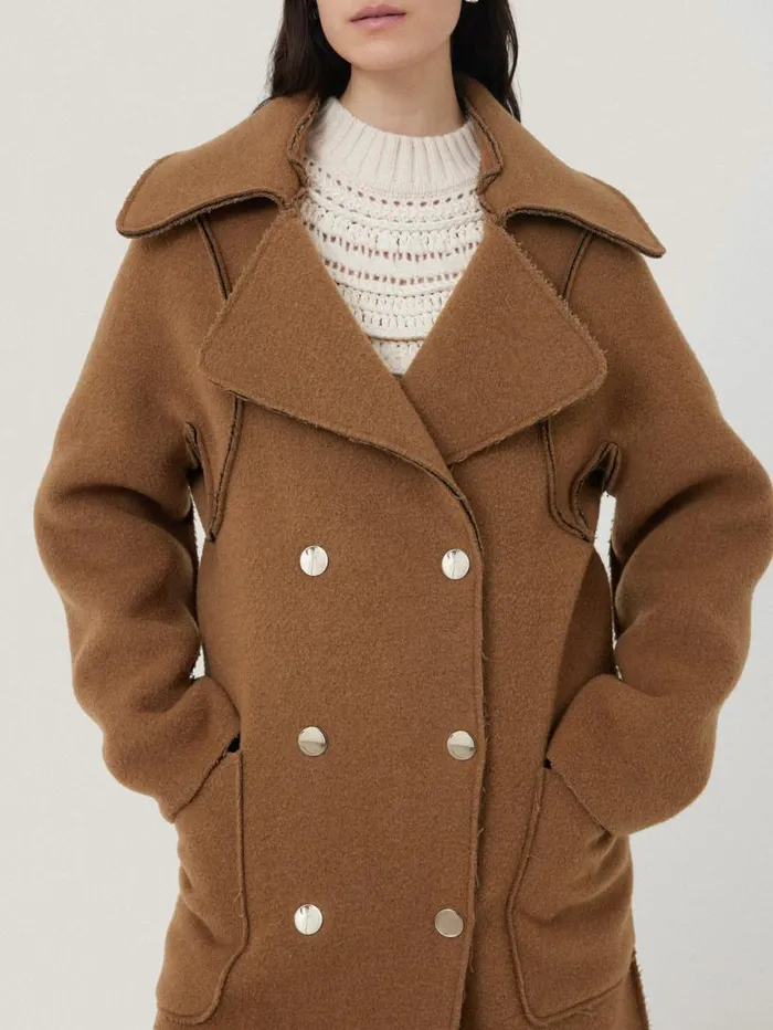 Italian Wool Raw Edge Coat Camel Women Jigsaw Coats and Jackets