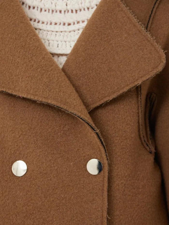 Italian Wool Raw Edge Coat Camel Women Jigsaw Coats and Jackets