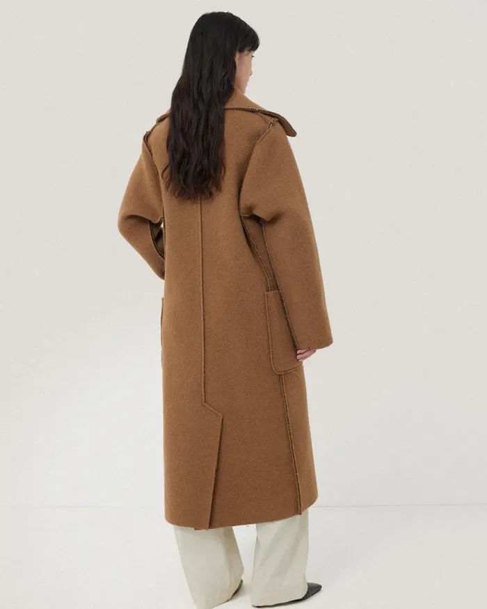 Italian Wool Raw Edge Coat Camel Women Jigsaw Coats and Jackets