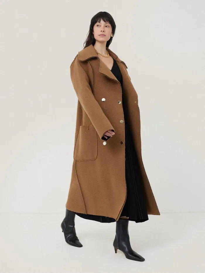 Italian Wool Raw Edge Coat Camel Women Jigsaw Coats and Jackets