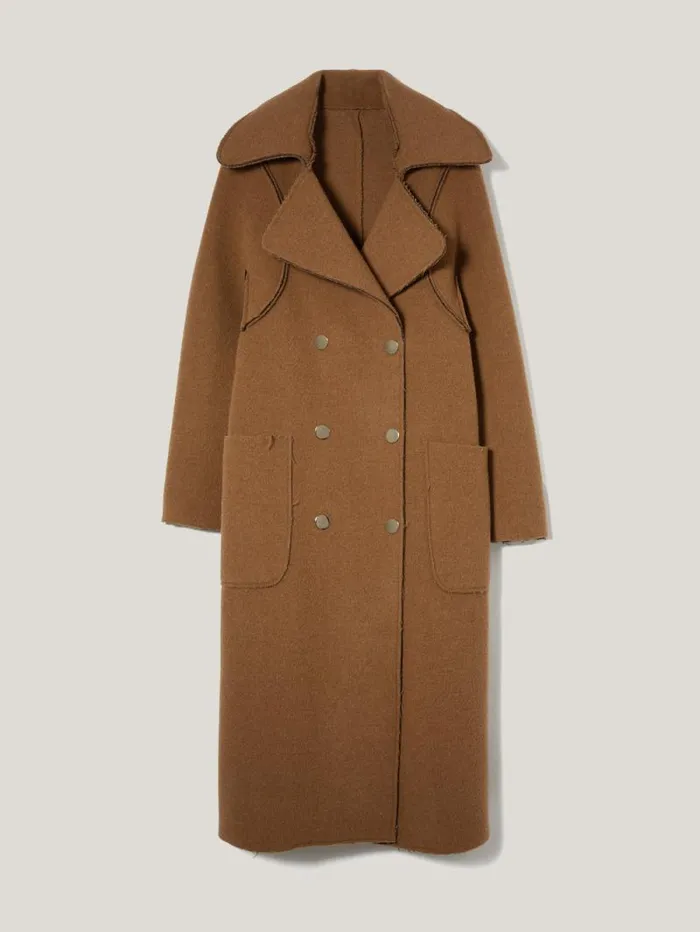 Italian Wool Raw Edge Coat Camel Women Jigsaw Coats and Jackets