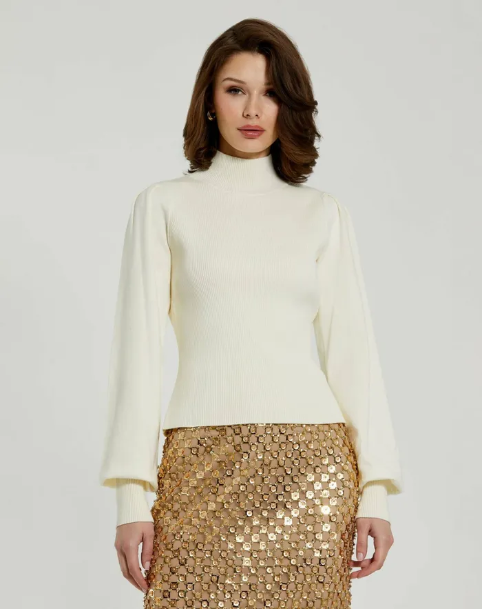 Ivory Ribbed Knit Balloon Sleeve Turtle Neck Sweater 8211 FINAL SALE Ivory Knitwear Mac Duggal Women