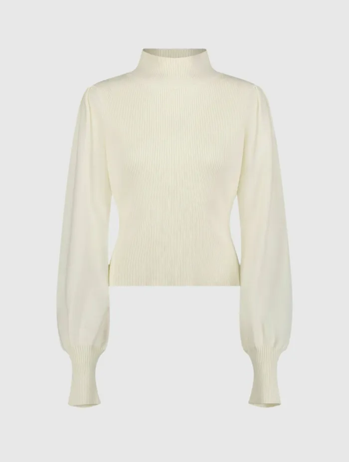 Ivory Ribbed Knit Balloon Sleeve Turtle Neck Sweater 8211 FINAL SALE Ivory Knitwear Mac Duggal Women