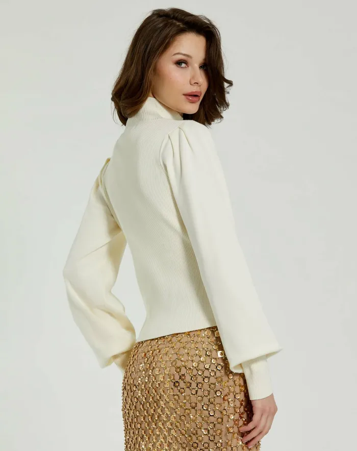 Ivory Ribbed Knit Balloon Sleeve Turtle Neck Sweater 8211 FINAL SALE Ivory Knitwear Mac Duggal Women