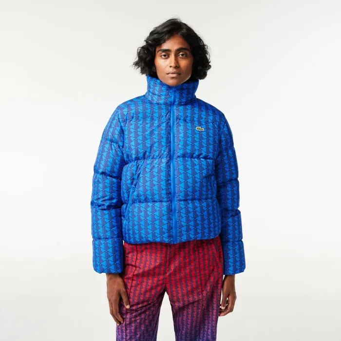 Jackets and Coats Women Lacoste Women039s Hooded Monogram Print Puffer Jacket With Puffed Croc Blue Bordeaux Nji