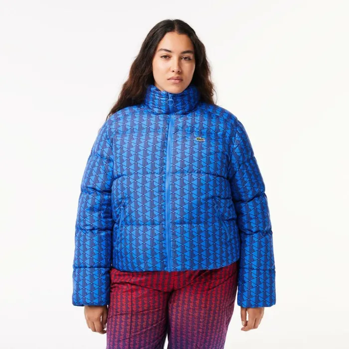 Jackets and Coats Women Lacoste Women039s Hooded Monogram Print Puffer Jacket With Puffed Croc Blue Bordeaux Nji