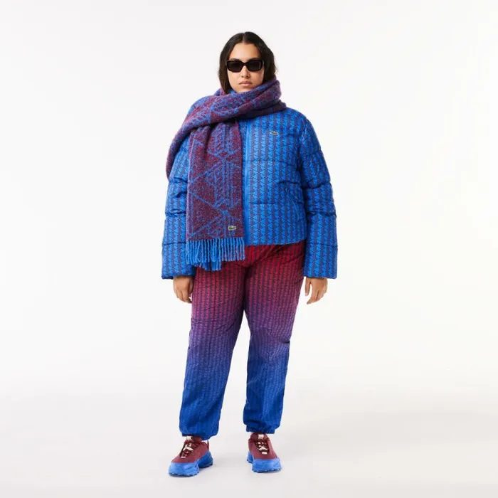 Jackets and Coats Women Lacoste Women039s Hooded Monogram Print Puffer Jacket With Puffed Croc Blue Bordeaux Nji