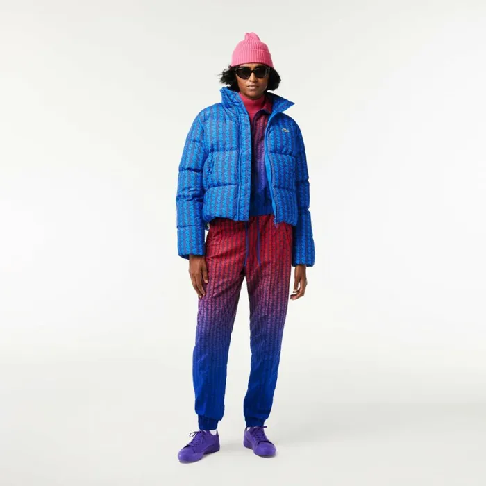 Jackets and Coats Women Lacoste Women039s Hooded Monogram Print Puffer Jacket With Puffed Croc Blue Bordeaux Nji