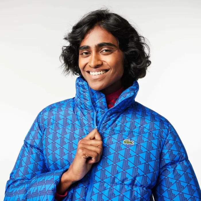 Jackets and Coats Women Lacoste Women039s Hooded Monogram Print Puffer Jacket With Puffed Croc Blue Bordeaux Nji