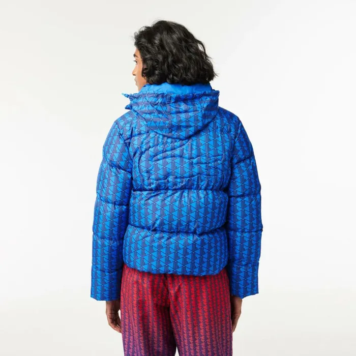 Jackets and Coats Women Lacoste Women039s Hooded Monogram Print Puffer Jacket With Puffed Croc Blue Bordeaux Nji