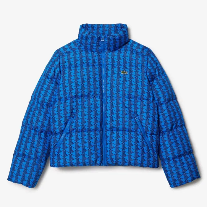 Jackets and Coats Women Lacoste Women039s Hooded Monogram Print Puffer Jacket With Puffed Croc Blue Bordeaux Nji