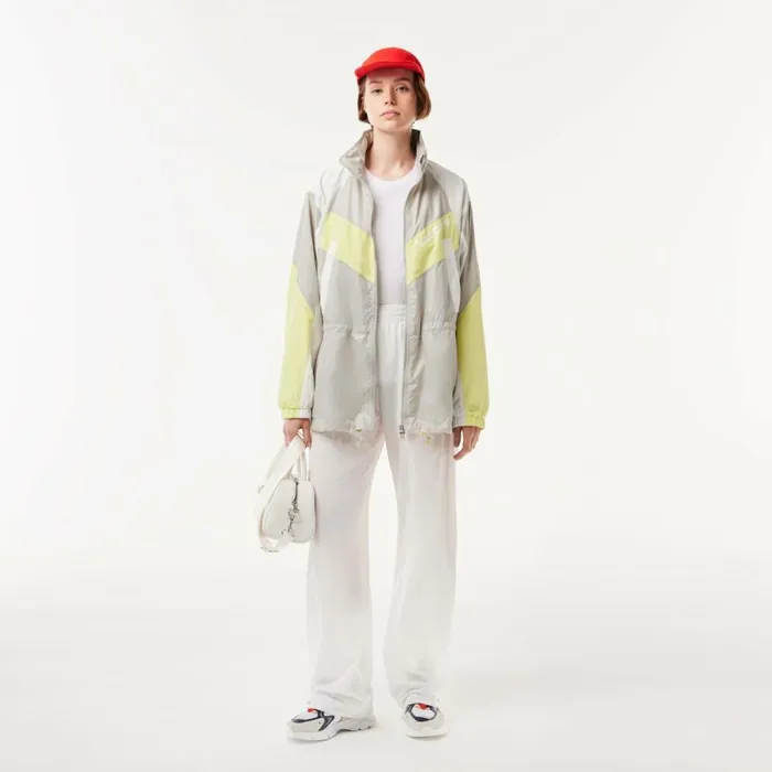 Jackets and Coats Women Lacoste Women039s Oversized Adjustable Waiste Colorblock Jacket Grey White Flashy Yellow Izb