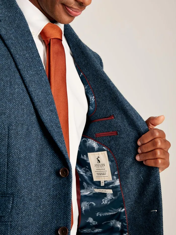 Joules Coats and Jackets Men Blue Wool Herringbone Blazer
